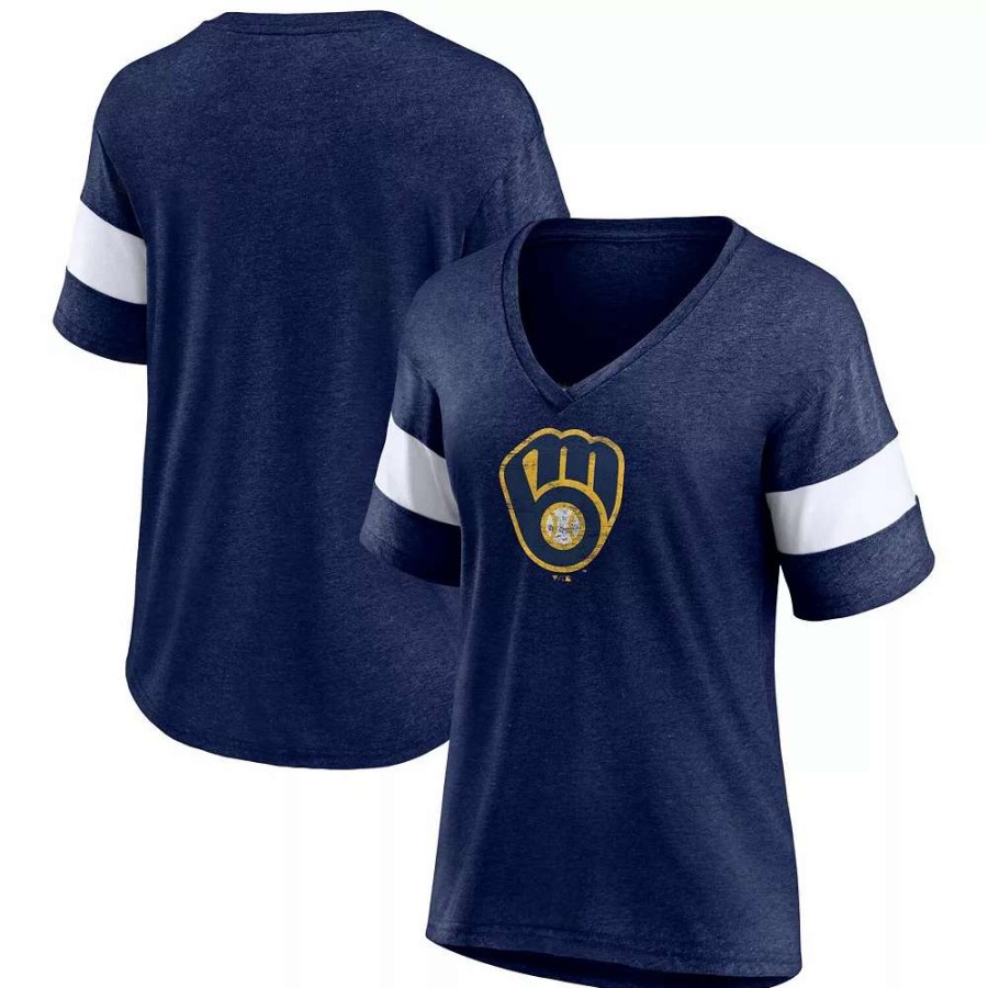 Tops * | Women'S Fanatics Branded Heathered Navy Milwaukee Brewers Weathered Tri-Blend V-Neck T-Shirt