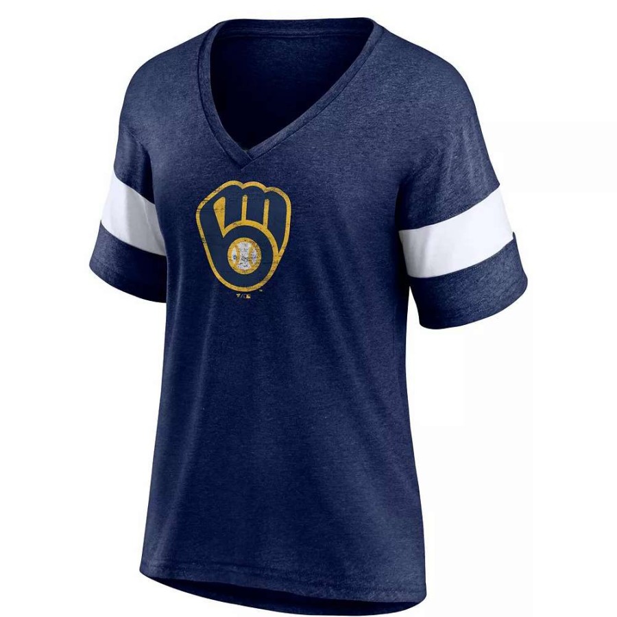 Tops * | Women'S Fanatics Branded Heathered Navy Milwaukee Brewers Weathered Tri-Blend V-Neck T-Shirt