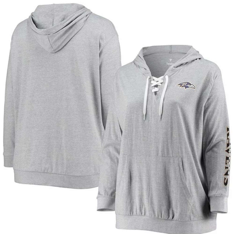 Tops * | Women'S Fanatics Branded Heathered Gray Baltimore Ravens Plus Size Lace-Up Pullover Hoodie