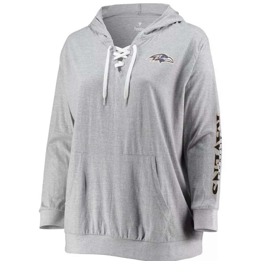 Tops * | Women'S Fanatics Branded Heathered Gray Baltimore Ravens Plus Size Lace-Up Pullover Hoodie