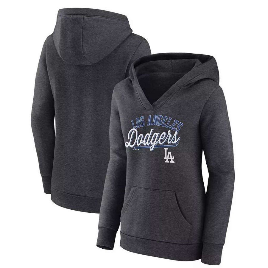 Tops * | Women'S Fanatics Branded Heather Charcoal Los Angeles Dodgers Simplicity Crossover V-Neck Pullover Hoodie