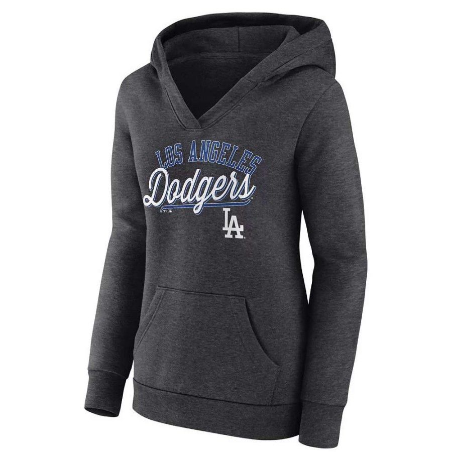 Tops * | Women'S Fanatics Branded Heather Charcoal Los Angeles Dodgers Simplicity Crossover V-Neck Pullover Hoodie