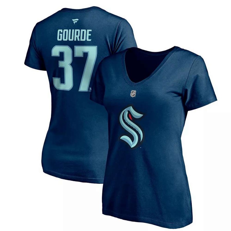 Tops * | Women'S Fanatics Branded Yanni Gourde Deep Sea Blue Seattle Kraken Authentic Stack Name & Number V-Neck T-Shirt