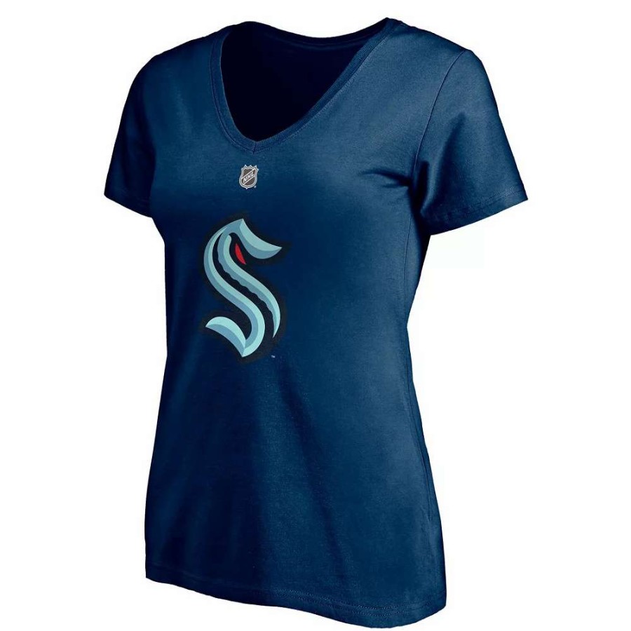 Tops * | Women'S Fanatics Branded Yanni Gourde Deep Sea Blue Seattle Kraken Authentic Stack Name & Number V-Neck T-Shirt