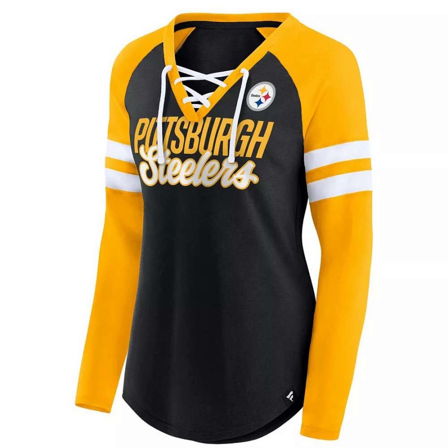 Tops * | Women'S Fanatics Branded Black/Gold Pittsburgh Steelers True To Form Raglan Lace-Up V-Neck Long Sleeve T-Shirt