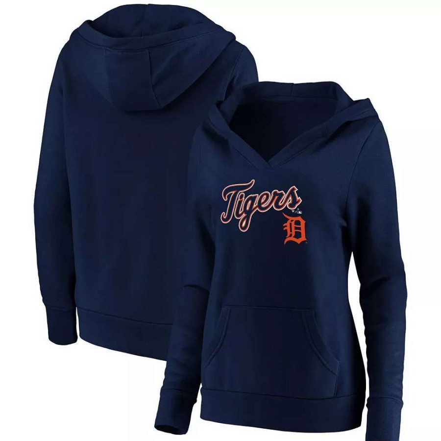 Tops * | Women'S Fanatics Branded Navy Detroit Tigers Core Team Lockup V-Neck Pullover Hoodie