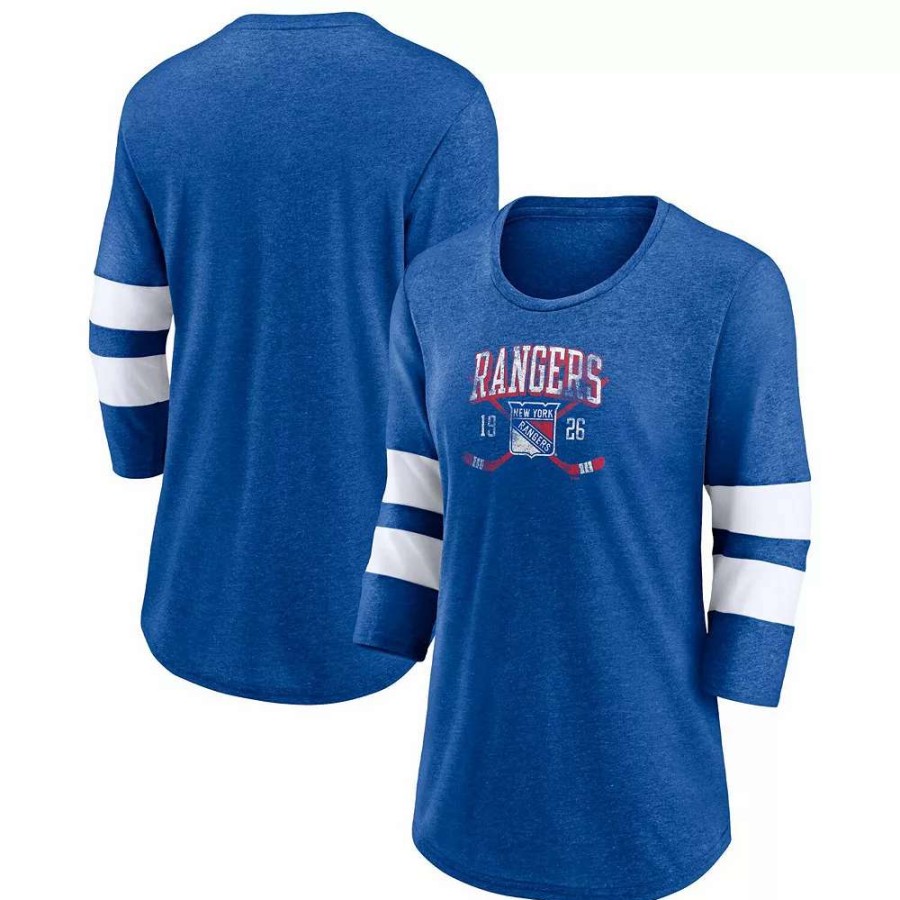 Tops * | Women'S Fanatics Branded Heather Blue New York Rangers Line Shift Tri-Blend Three-Quarter Sleeve T-Shirt