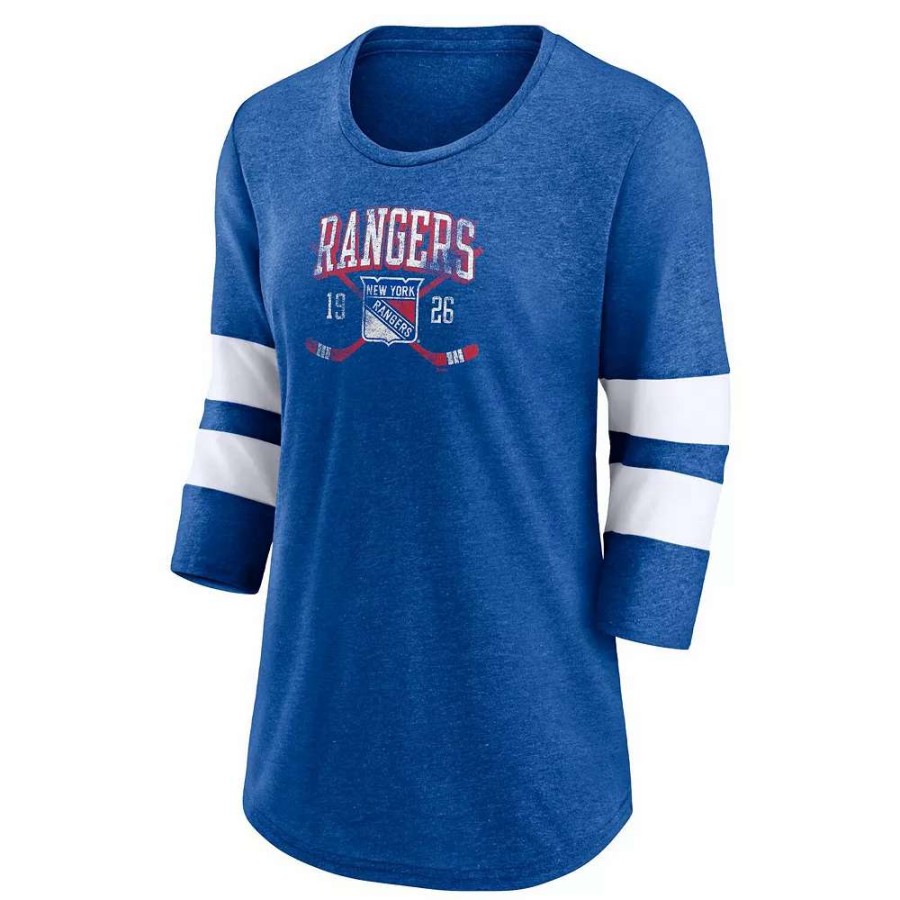 Tops * | Women'S Fanatics Branded Heather Blue New York Rangers Line Shift Tri-Blend Three-Quarter Sleeve T-Shirt