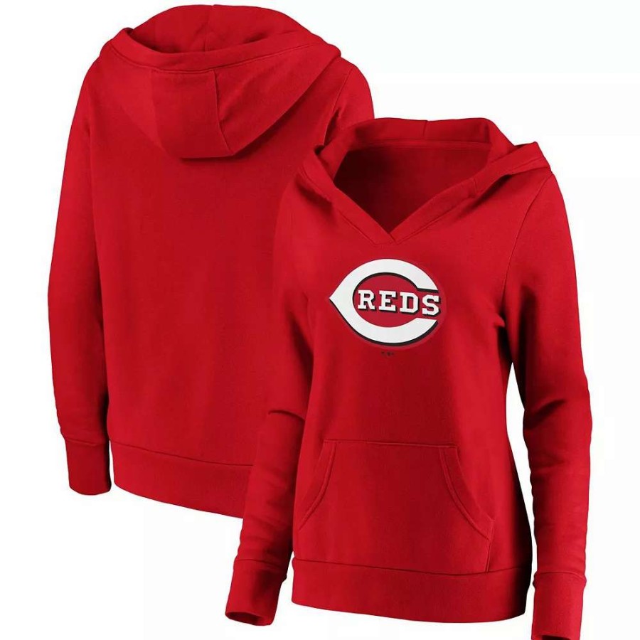 Tops * | Women'S Fanatics Branded Red Cincinnati Reds Official Logo Crossover V-Neck Pullover Hoodie