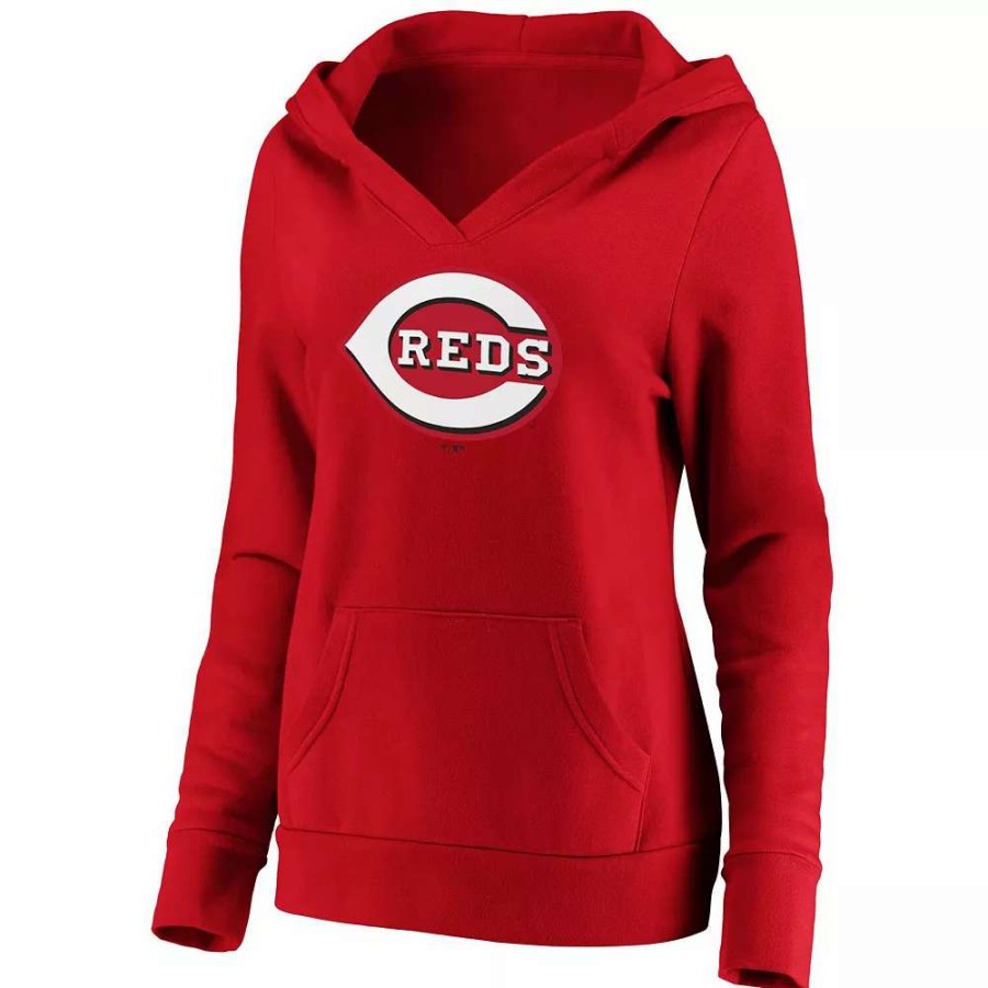 Tops * | Women'S Fanatics Branded Red Cincinnati Reds Official Logo Crossover V-Neck Pullover Hoodie