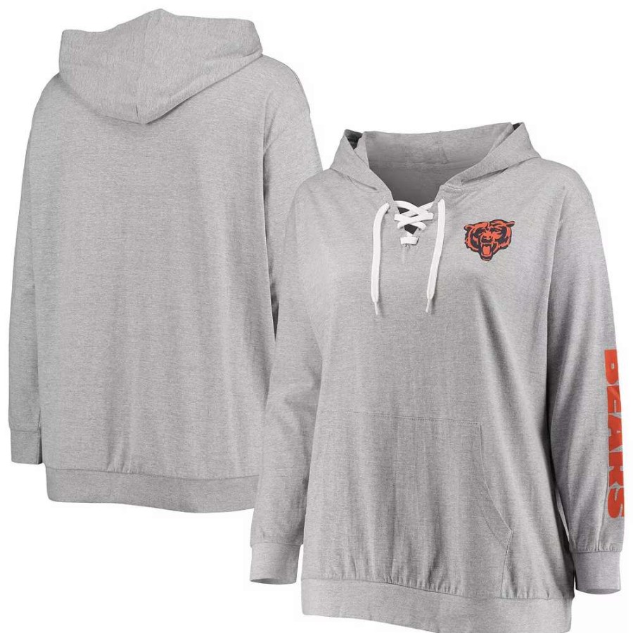 Tops * | Women'S Fanatics Branded Heathered Gray Chicago Bears Plus Size Lace-Up Pullover Hoodie