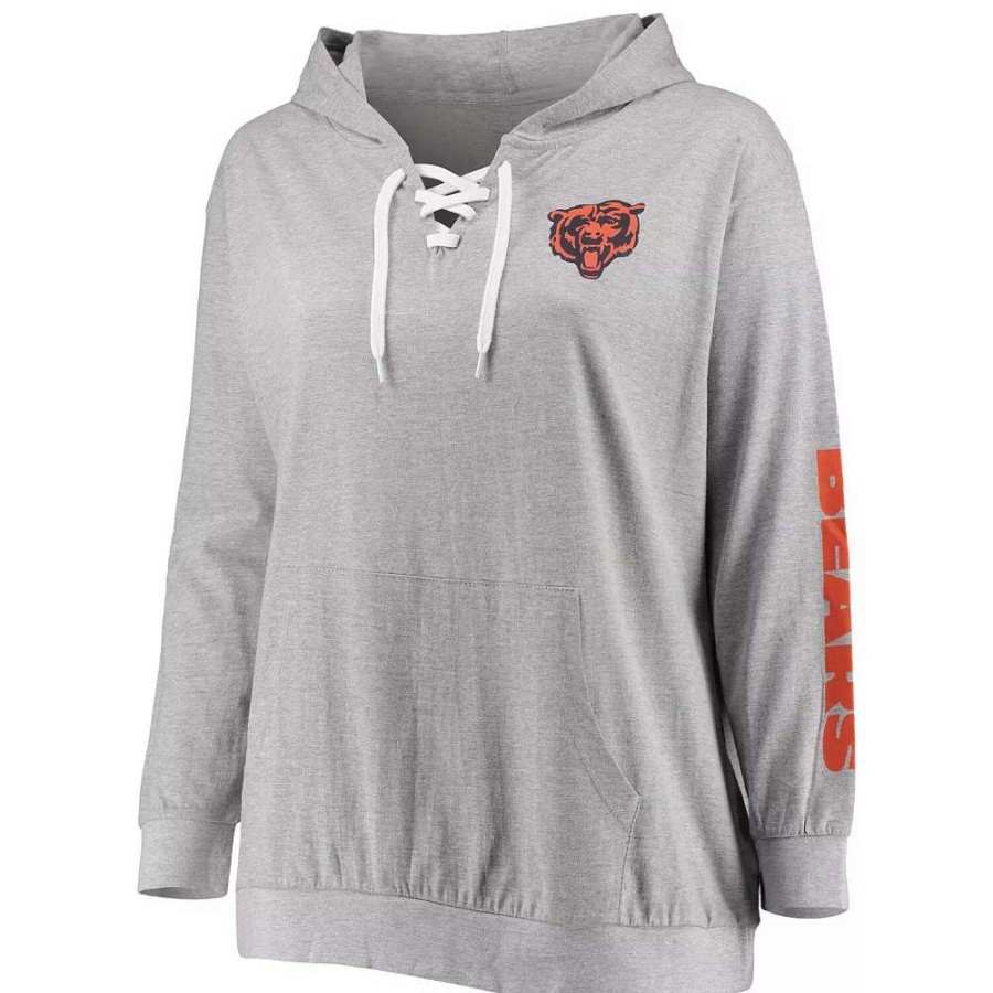 Tops * | Women'S Fanatics Branded Heathered Gray Chicago Bears Plus Size Lace-Up Pullover Hoodie