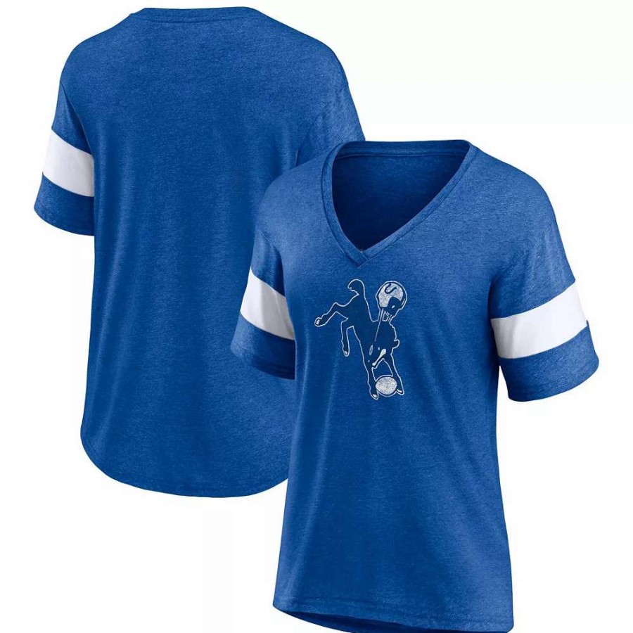 Tops * | Women'S Fanatics Branded Heathered Royal Indianapolis Colts Throwback Logo Tri-Blend Striped V-Neck T-Shirt