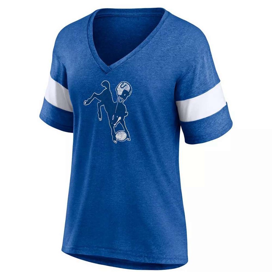 Tops * | Women'S Fanatics Branded Heathered Royal Indianapolis Colts Throwback Logo Tri-Blend Striped V-Neck T-Shirt