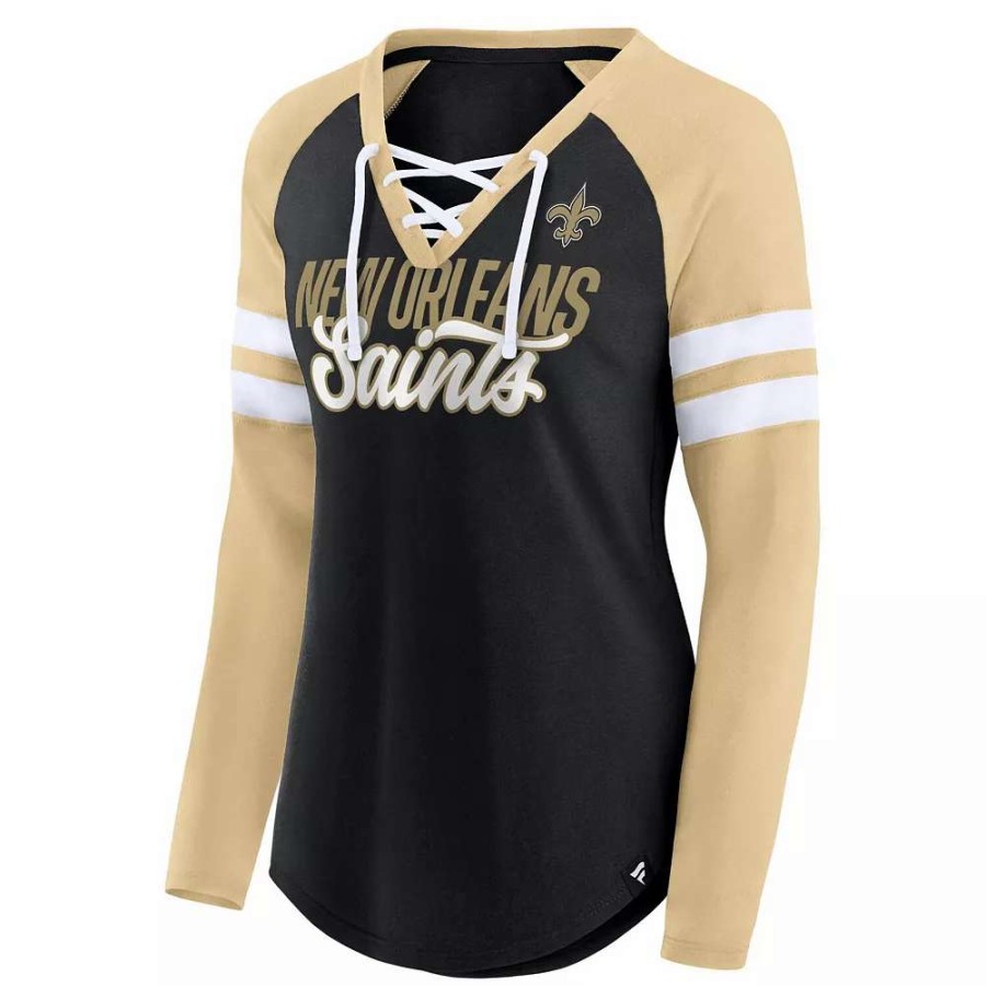 Tops * | Women'S Fanatics Branded Black/Gold New Orleans Saints True To Form Raglan Lace-Up V-Neck Long Sleeve T-Shirt