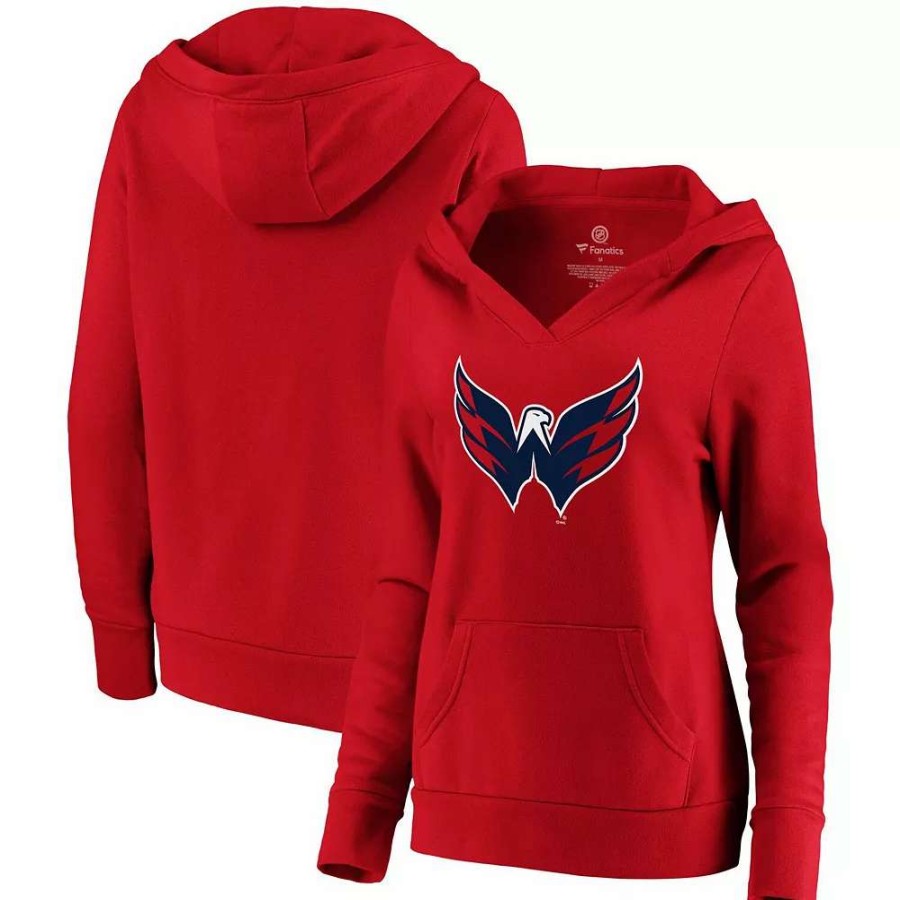 Tops * | Women'S Fanatics Branded Red Washington Capitals Primary Logo V-Neck Pullover Hoodie