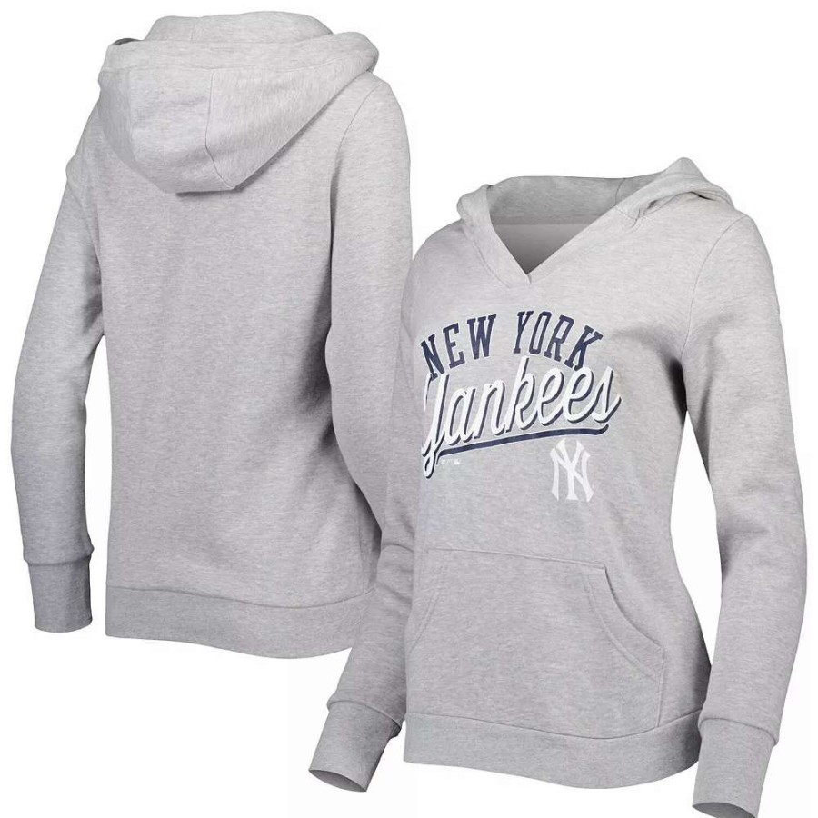 Tops * | Women'S Fanatics Branded Heather Gray New York Yankees Simplicity Crossover V-Neck Pullover Hoodie