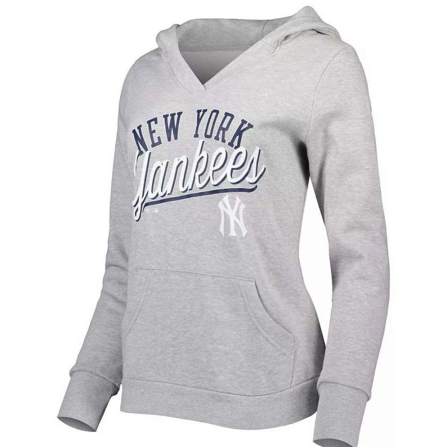 Tops * | Women'S Fanatics Branded Heather Gray New York Yankees Simplicity Crossover V-Neck Pullover Hoodie