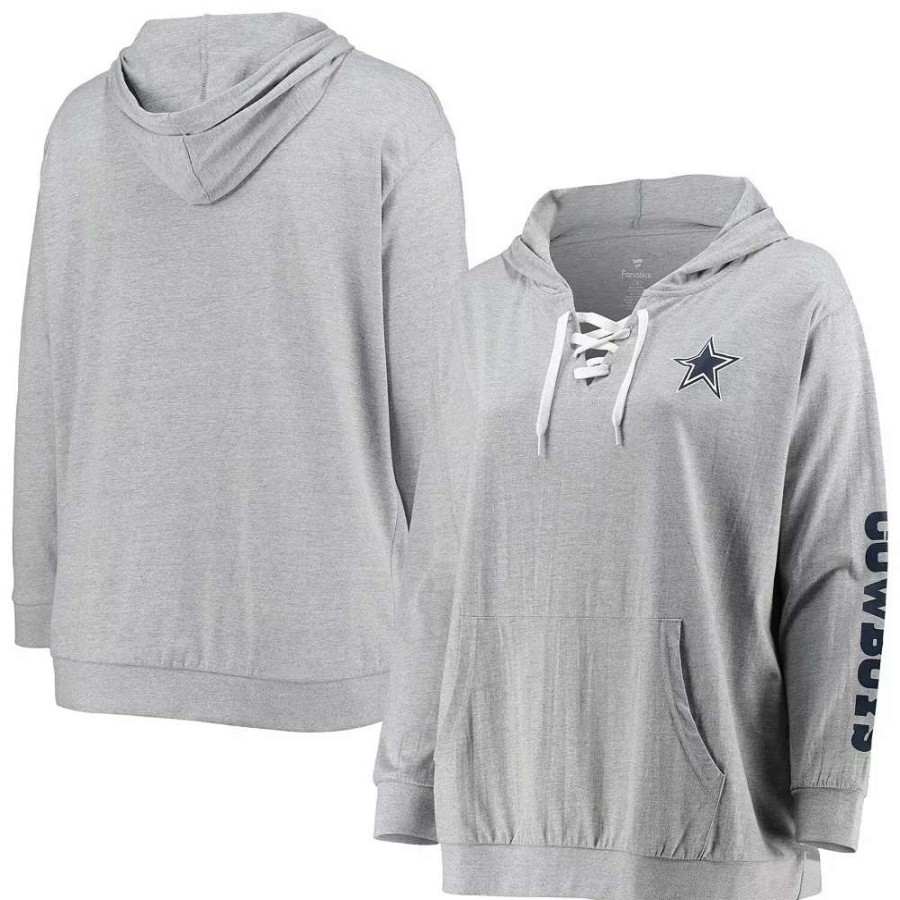 Tops * | Women'S Fanatics Branded Heathered Gray Dallas Cowboys Plus Size Lace-Up Pullover Hoodie