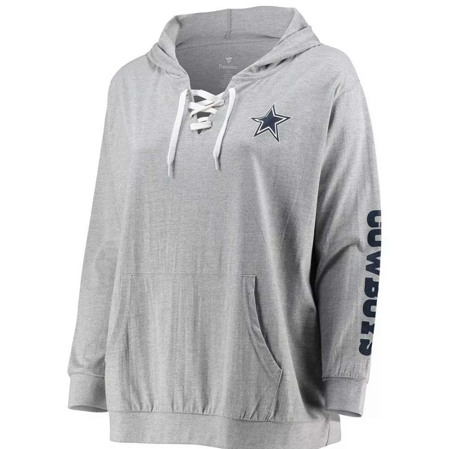 Tops * | Women'S Fanatics Branded Heathered Gray Dallas Cowboys Plus Size Lace-Up Pullover Hoodie