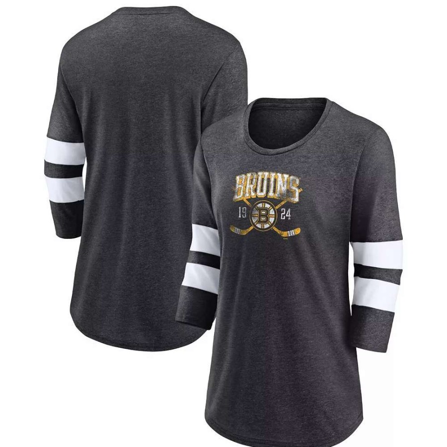 Tops * | Women'S Fanatics Branded Heather Charcoal Boston Bruins Line Shift Tri-Blend Three-Quarter Sleeve T-Shirt