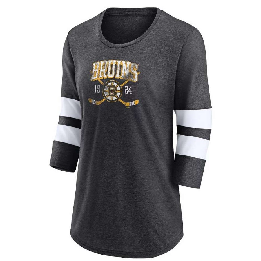 Tops * | Women'S Fanatics Branded Heather Charcoal Boston Bruins Line Shift Tri-Blend Three-Quarter Sleeve T-Shirt