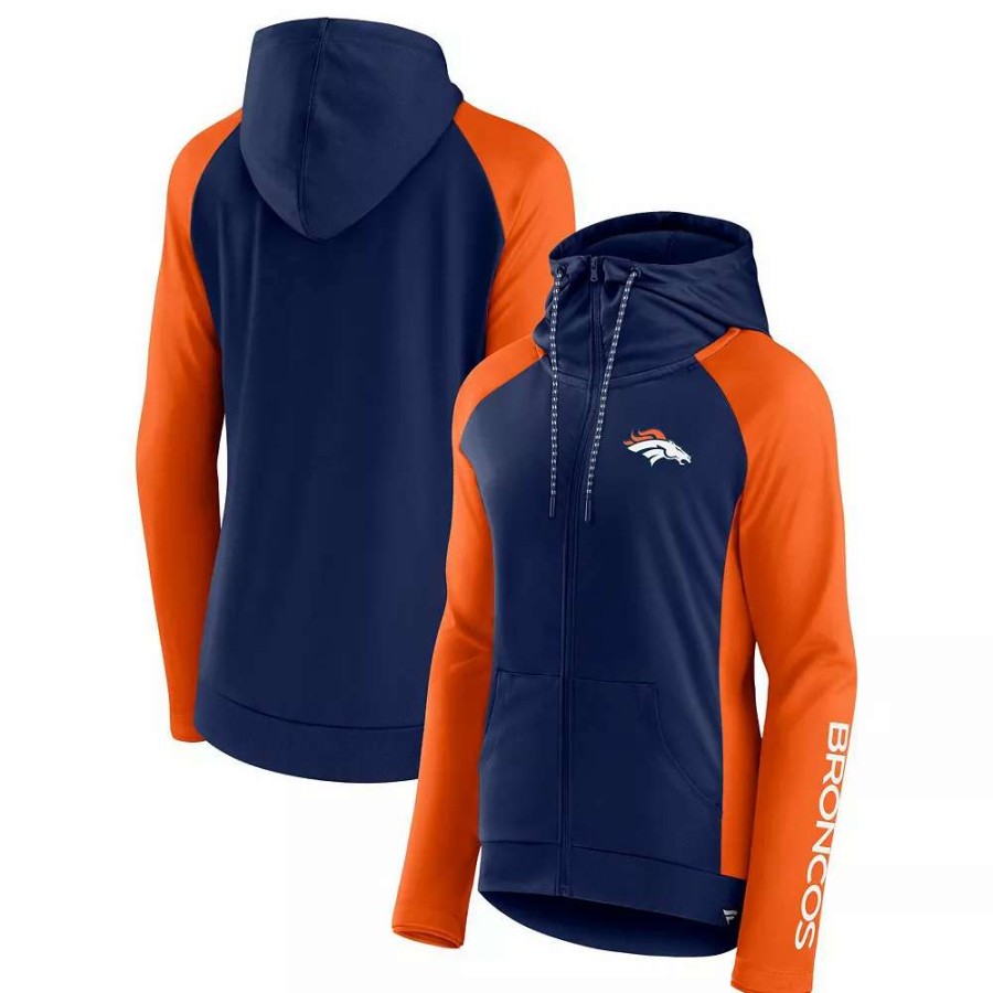 Outerwear * | Women'S Fanatics Branded Navy/Orange Denver Broncos End Around Raglan Full-Zip Hoodie