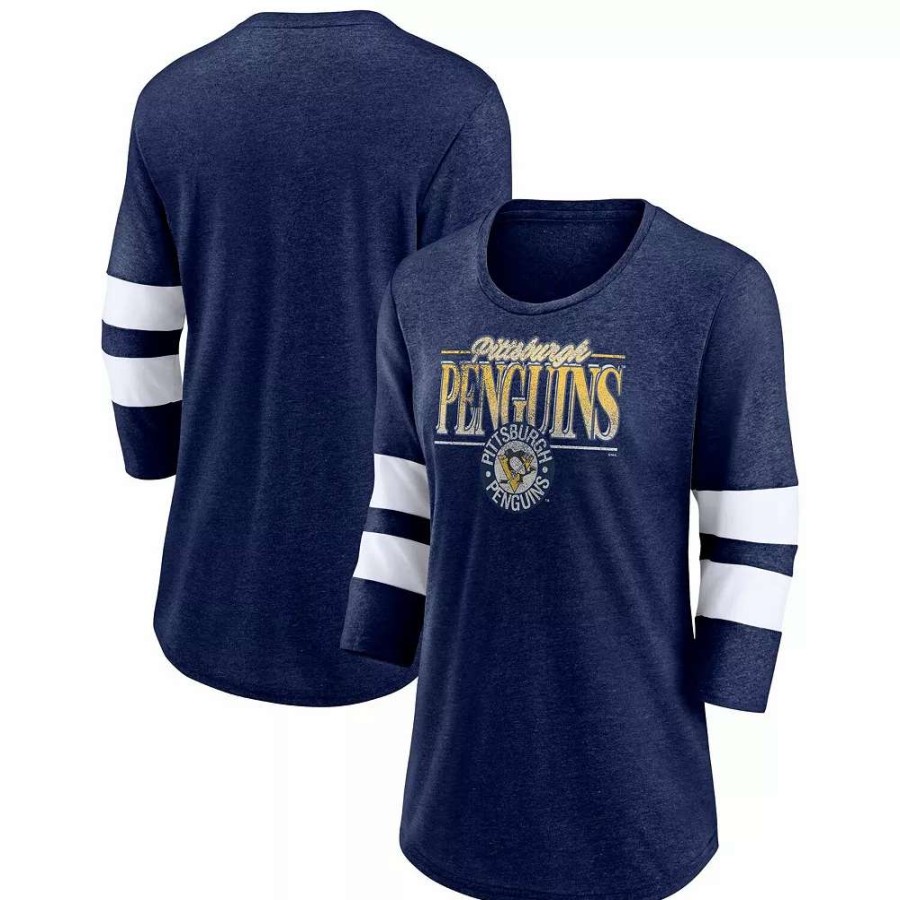 Tops * | Women'S Fanatics Branded Heathered Navy/White Pittsburgh Penguins Full Shield 3/4-Sleeve Tri-Blend Raglan Scoop Neck T-Shirt