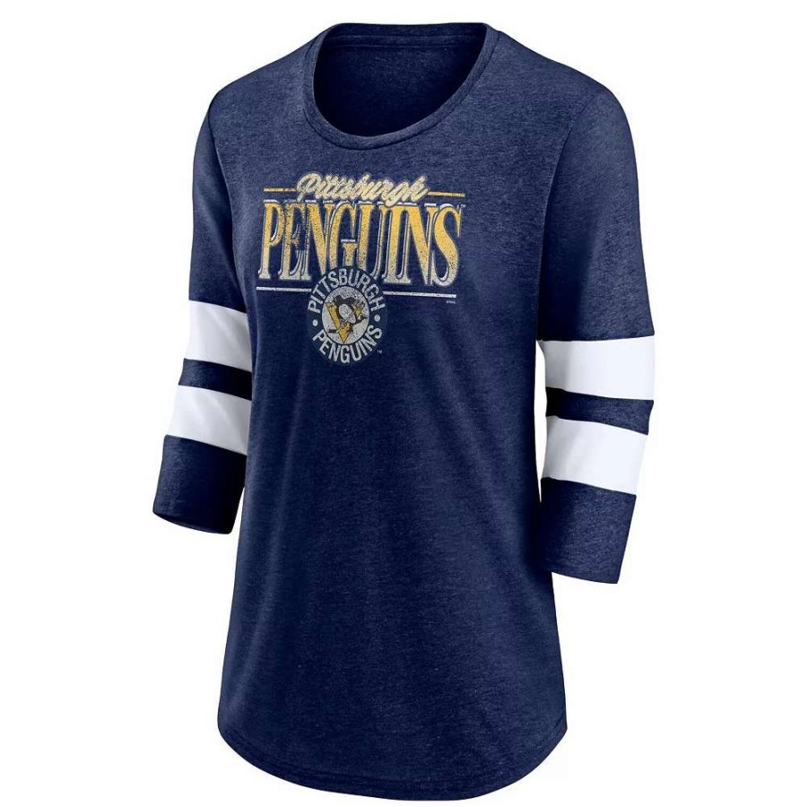 Tops * | Women'S Fanatics Branded Heathered Navy/White Pittsburgh Penguins Full Shield 3/4-Sleeve Tri-Blend Raglan Scoop Neck T-Shirt