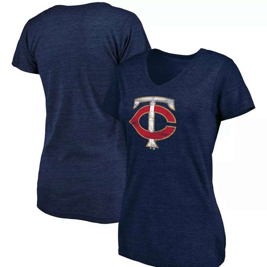 Tops * | Women'S Fanatics Branded Heathered Navy Minnesota Twins Core Weathered Tri-Blend V-Neck T-Shirt