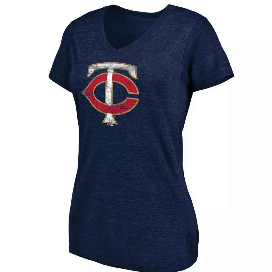 Tops * | Women'S Fanatics Branded Heathered Navy Minnesota Twins Core Weathered Tri-Blend V-Neck T-Shirt