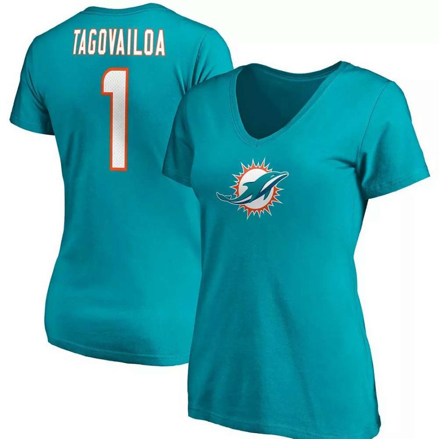 Tops * | Women'S Fanatics Branded Tua Tagovailoa Aqua Miami Dolphins Player Icon Name & Number V-Neck T-Shirt