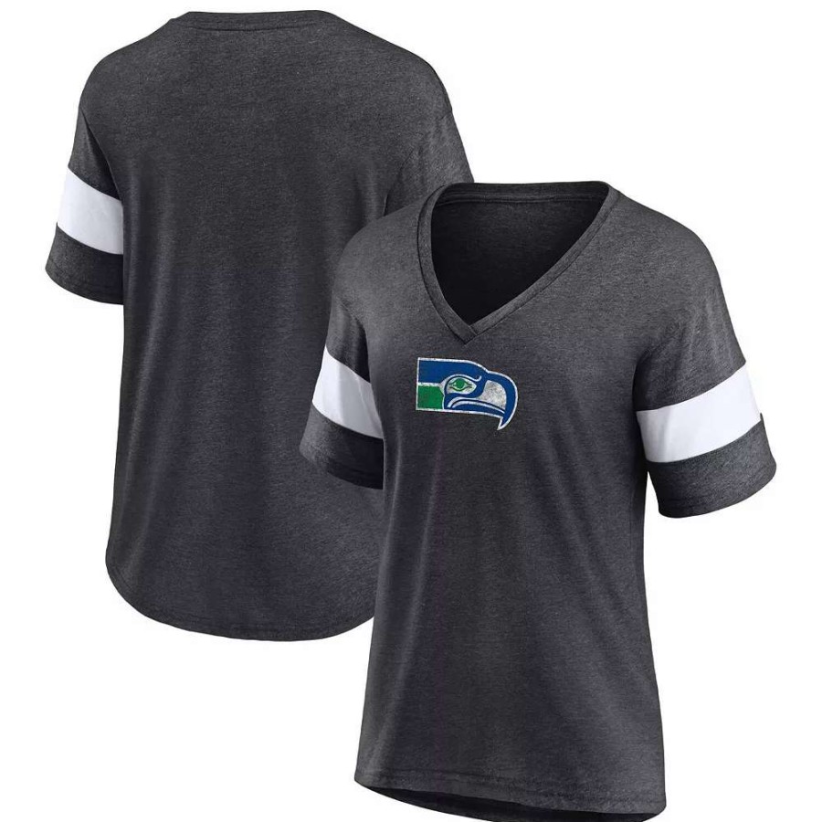 Tops * | Women'S Fanatics Branded Heathered Charcoal Seattle Seahawks Throwback Logo Tri-Blend Striped V-Neck T-Shirt