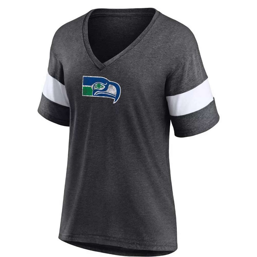 Tops * | Women'S Fanatics Branded Heathered Charcoal Seattle Seahawks Throwback Logo Tri-Blend Striped V-Neck T-Shirt