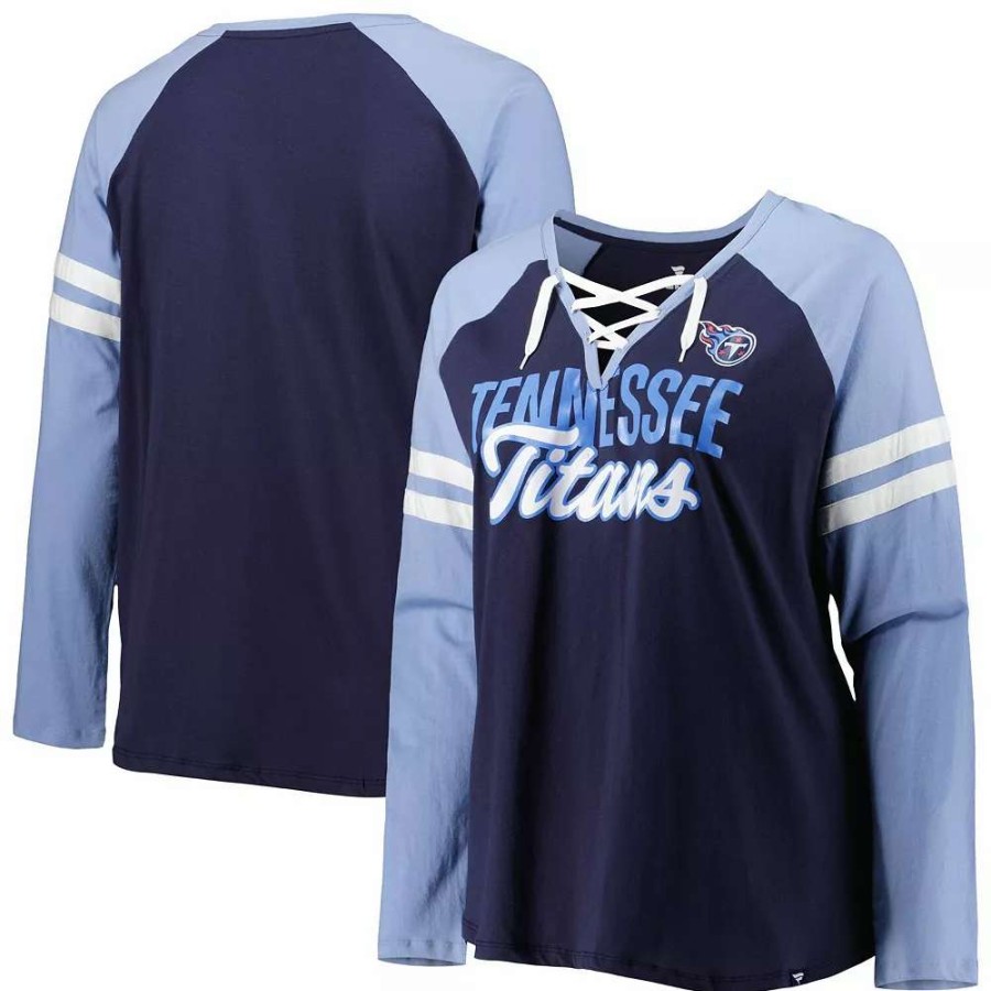 Tops * | Women'S Fanatics Branded Navy/Light Blue Tennessee Titans Plus Size True To Form Lace-Up V-Neck Raglan Long Sleeve T-Shirt