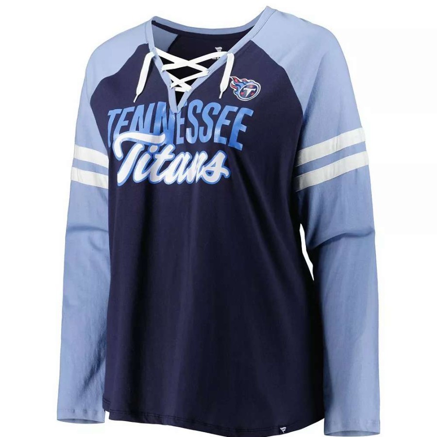 Tops * | Women'S Fanatics Branded Navy/Light Blue Tennessee Titans Plus Size True To Form Lace-Up V-Neck Raglan Long Sleeve T-Shirt