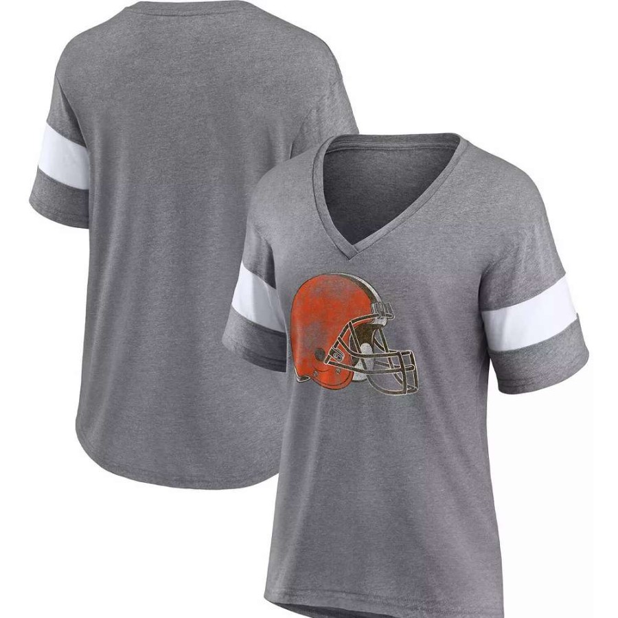 Tops * | Women'S Fanatics Branded Heathered Gray/White Cleveland Browns Distressed Team Tri-Blend V-Neck T-Shirt