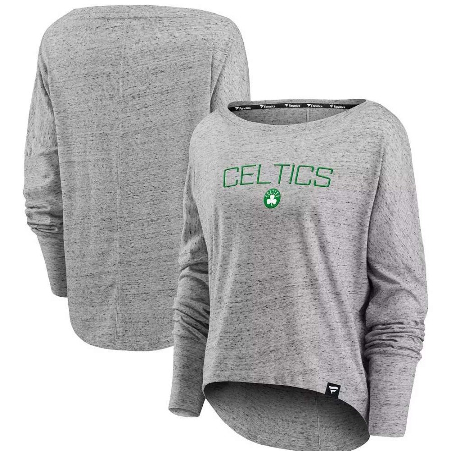 Tops * | Women'S Fanatics Branded Heathered Gray Boston Celtics Nostalgia Off-The-Shoulder Long Sleeve T-Shirt