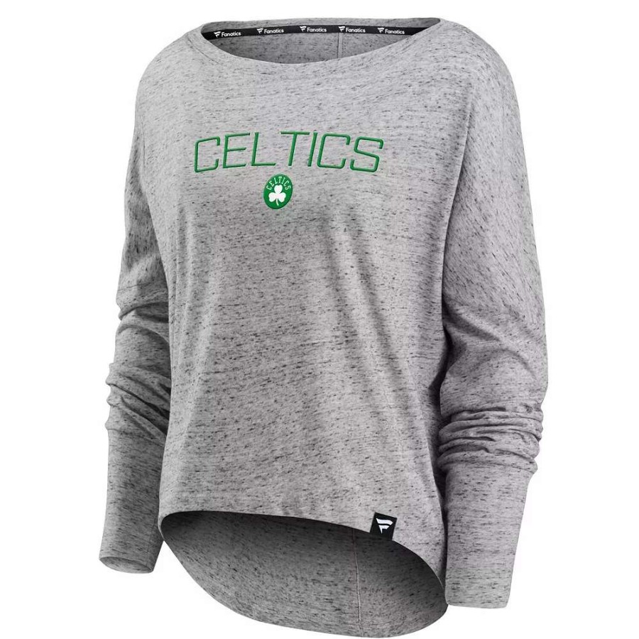 Tops * | Women'S Fanatics Branded Heathered Gray Boston Celtics Nostalgia Off-The-Shoulder Long Sleeve T-Shirt