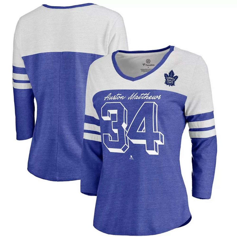 Tops * | Women'S Fanatics Branded Auston Matthews Royal/White Toronto Maple Leafs Big Shot 3/4 Sleeve Raglan T-Shirt